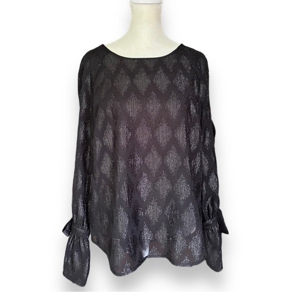 HALOGEN Sheer Black Metallic Diamond Brocade Sheer Long Sleeve Blouse | Size S - Picture 1 of 14